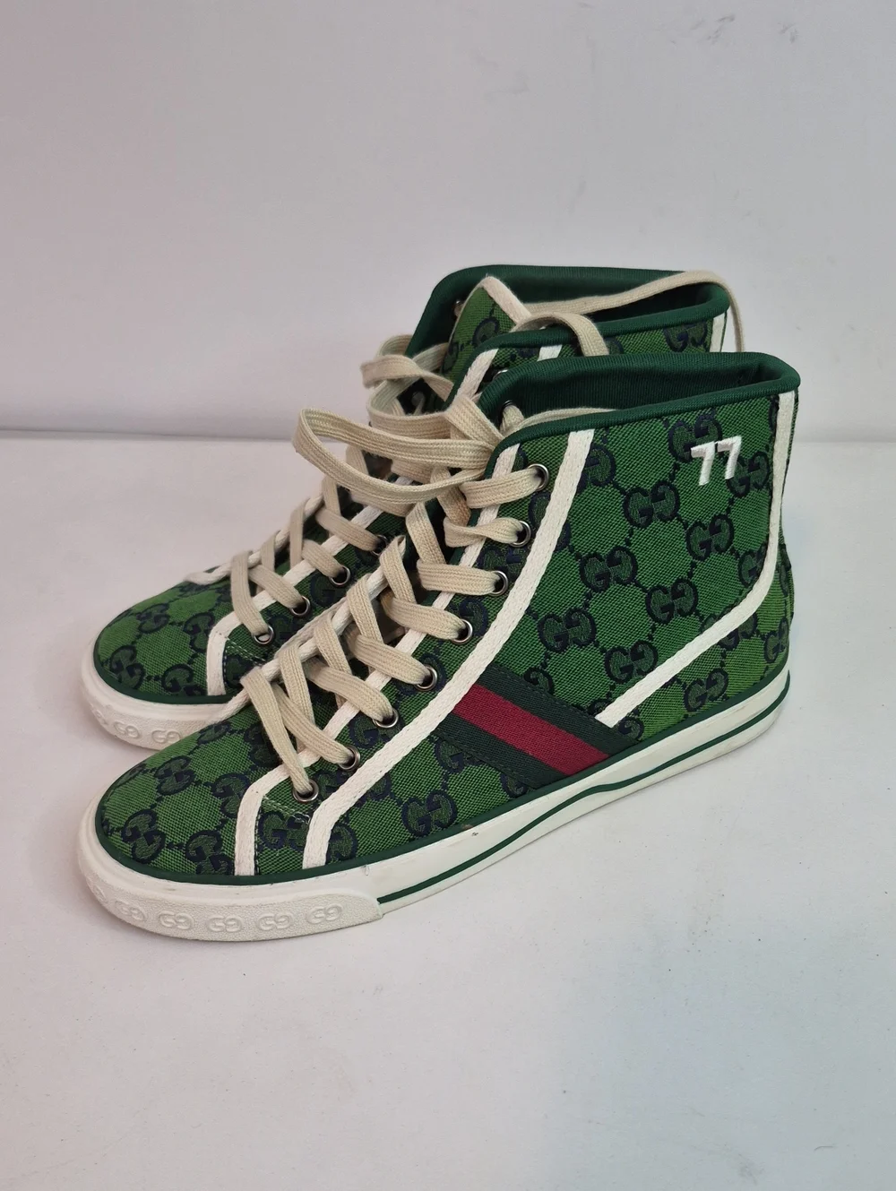 Gucci Green GG Canvas High-Top Sneakers with Red Web Stripe Size 39